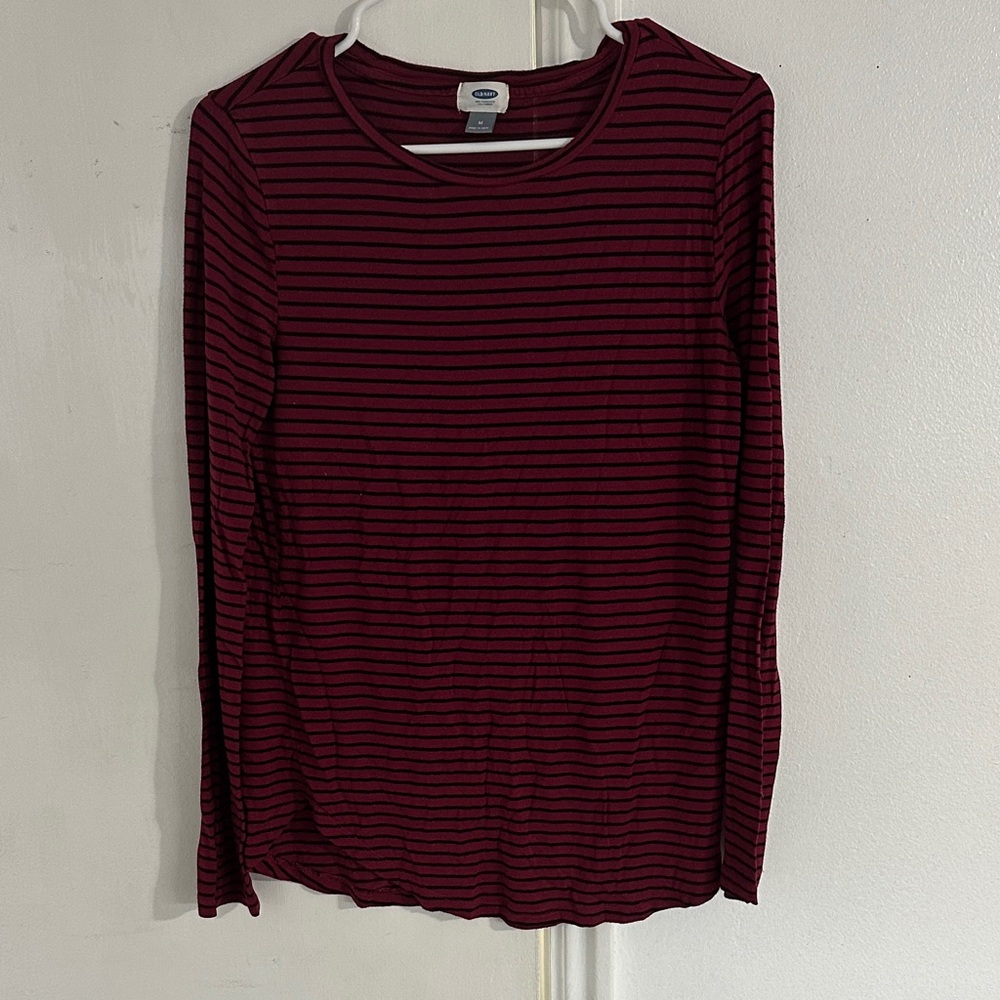 Old Navy Burgundy and Black Striped Long Sleeve Tee - Crew Neck